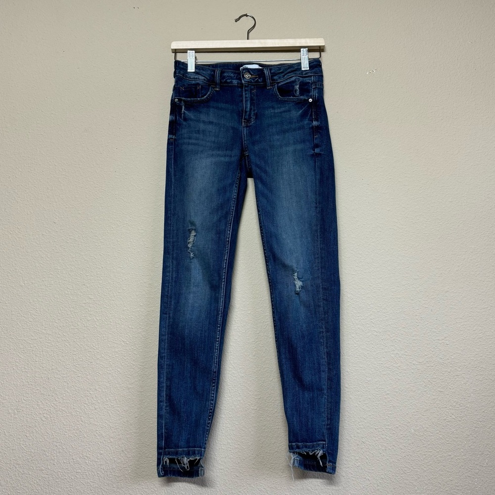 Zara pants women 2 skinny dark wash denim cotton blend distressed jeans blue
